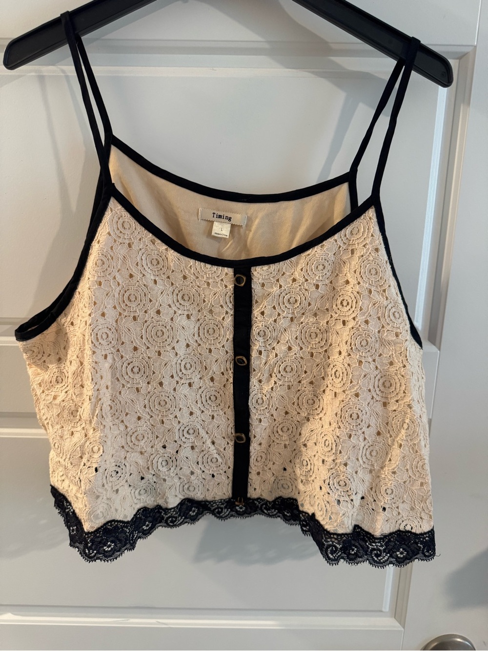 Cream Lace Cropped Cami with Black Trim